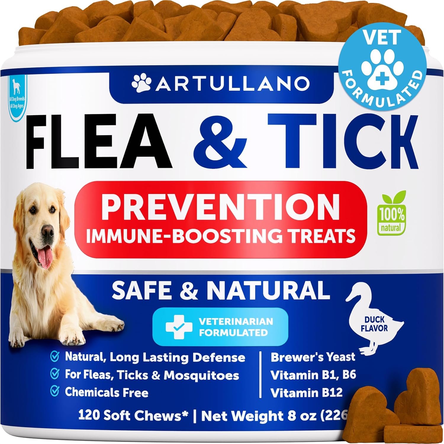 Flea and Tick Prevention for Dogs Chewables – Natural Flea Treatment Control – Supplement for Large & Small Dogs with Vitamins – Immune Support Chews – Puppy Pest Defense Oral Pills – 120 Soft Treats