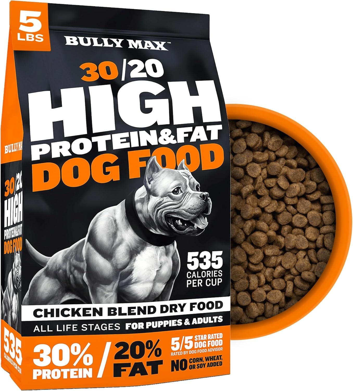Bully Max High Protein High Calorie Dog Food 30/20 Formula – 535 Cal/Cup for Muscle & Weight Gain – Small & Large Breeds & All Life Stages – No Corn Soy or Wheat, Made in USA, Chicken Flavor, 5 lb Bag