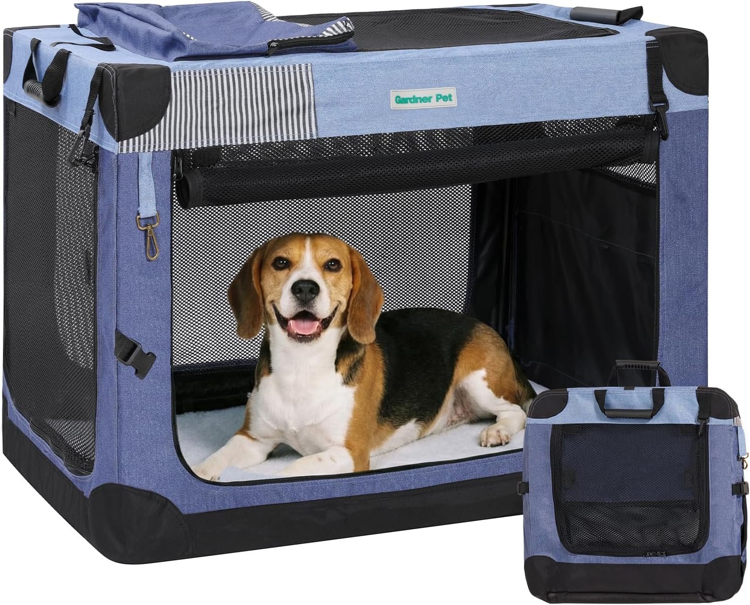 Gardner Pet Soft Collapsible Dog Crate – 30 Inch Portable Travel Dog Crate for Small/Medium Dogs Indoor & Outdoor, 3-Door Pet Crate with Durable Mesh Windows & Storage Bag, Blue