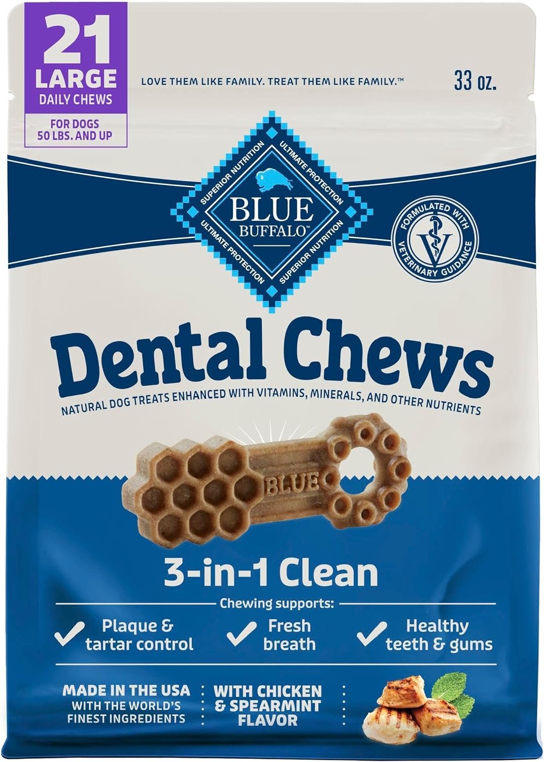 Blue Buffalo Natural Dental Chews for Large Dogs 50 lbs. and up, Chicken & Spearmint, Daily Teeth Cleaning Dog Treats, Enhanced with Vitamins & Minerals, 33-oz. Bag (21 Treat Count)