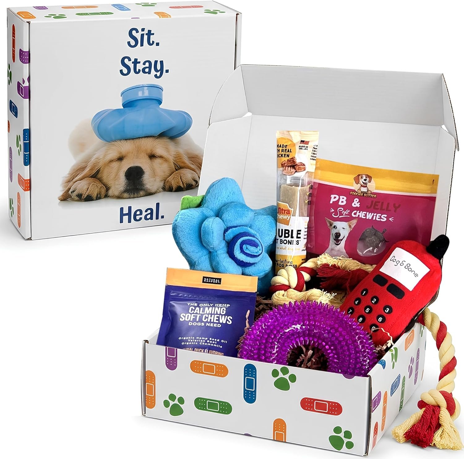 Get Well Soon Dog Gifts, Dog Care Package, Puppy Gift Basket with 3 Dog Treats and 4 Toys, Adorable Puppy Gift Basket, Pet Care Package