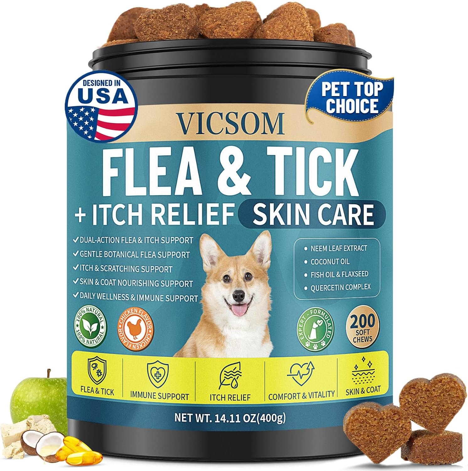 Flea and Tick Prevention for Dogs Itching Skin Relief, 200 Chewable Flea and Tick for Dog with Skin & Coat Support, Itch Relief for Dogs, Oral Supplement for All Breeds & Ages, Chicken Flavor