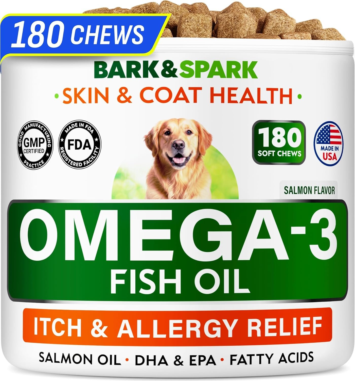 BARK&SPARK Omega 3 for Dogs and Cats-180 Fish Oil Treats for Dogs & Cats Shedding, Skin Allergy, Itch Relief, Hot Spots Treatment-Joint Health-Skin and Coat Supplement-EPA & DHA Fatty Acids-Salmon Oil