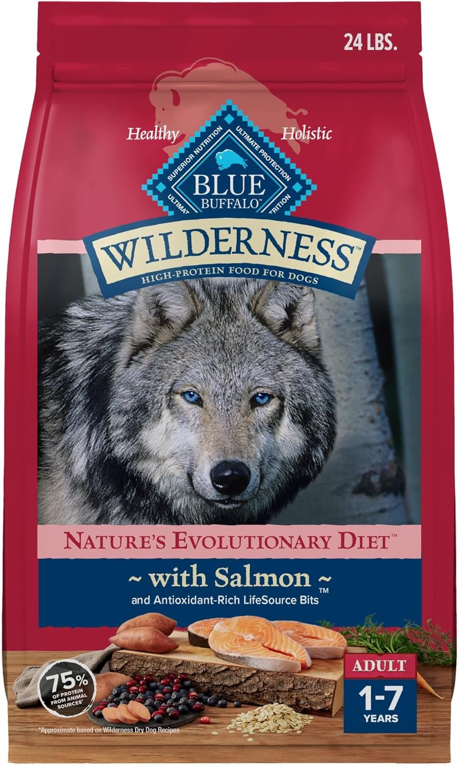 Blue Buffalo Wilderness Salmon Adult Dry Dog Food with Wholesome Grains + Antioxidant-Rich Fruits & Veggies, 34g Protein, Vibrant Energy for an Active Life, Made with Natural Ingredients, 24 lbs.
