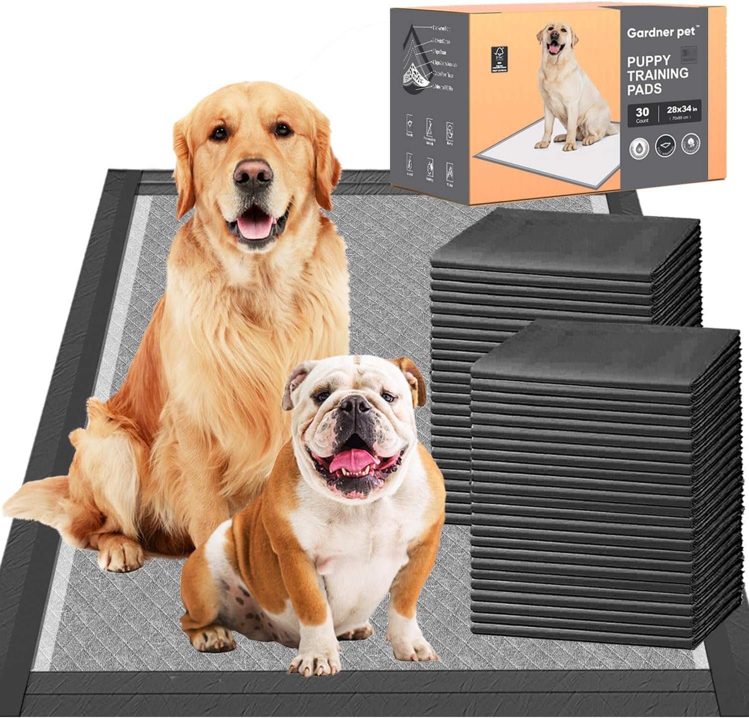 Charcoal Puppy Pads 28×34 Inches Extra Large Dog Pee Pads Odor-Control & Leak-Proof Disposable Pet Training Black New Edge-Wrapping Thicken Potty Pad for Dogs, Cats, Rabbits (30 Pieces)