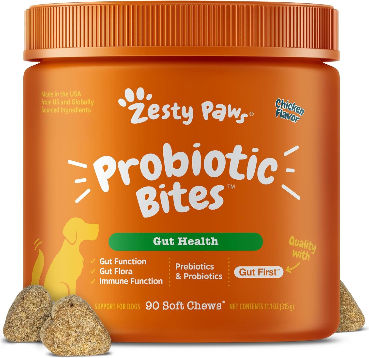 Zesty Paws Probiotics for Dogs, Digestive Enzymes Gut Flora, Digestive Health, Diarrhea & Bowel Support, DE111, Dog Probiotics Soft Chew for Pet Immune System, Chicken, 90 Ct