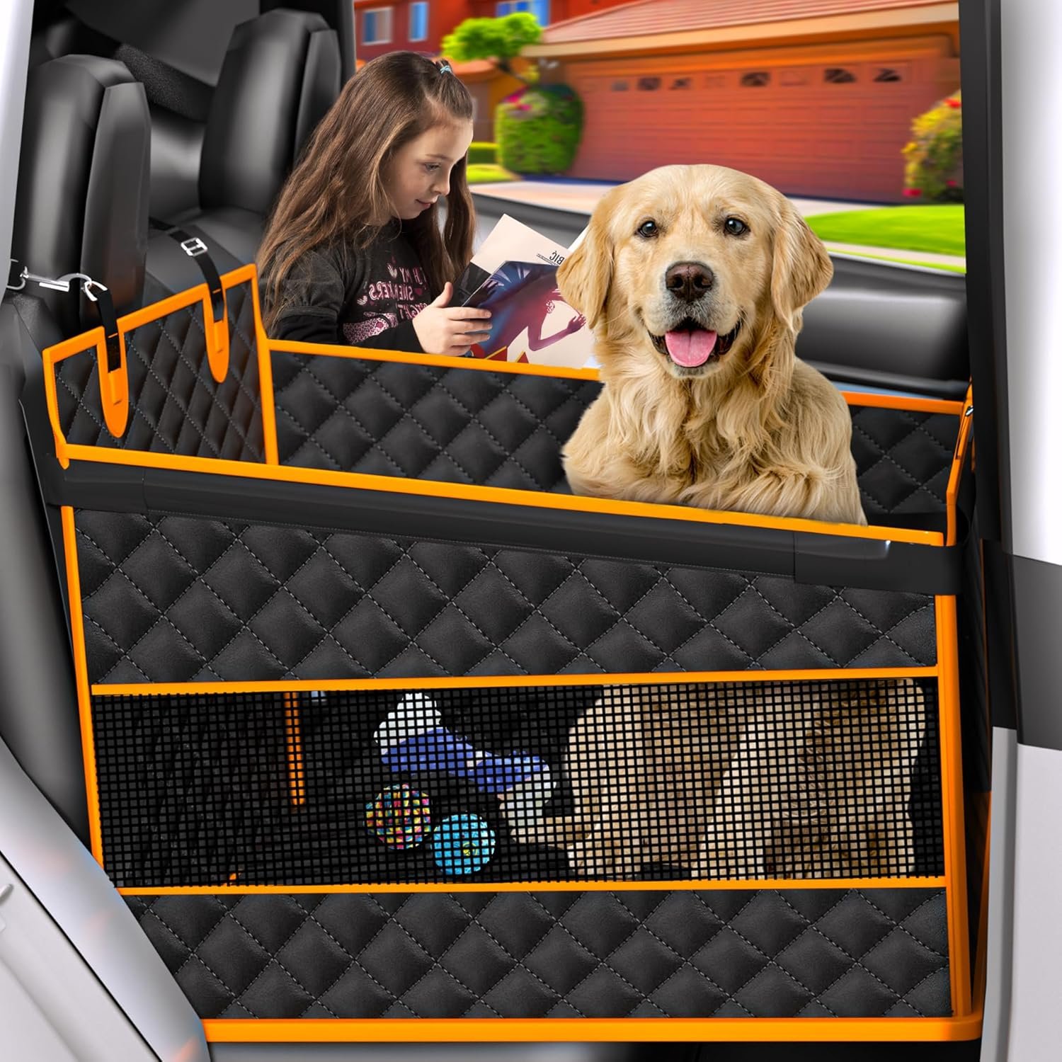 EPN Dog Car Seat for Large Medium Dogs, Back Seat Extender with Waterproof Oxford Fabric, Non-Slip Bottom, Reinforced Support & Storage Pockets, Pet Seat Cover for Cars, Trucks and SUVs (Black)