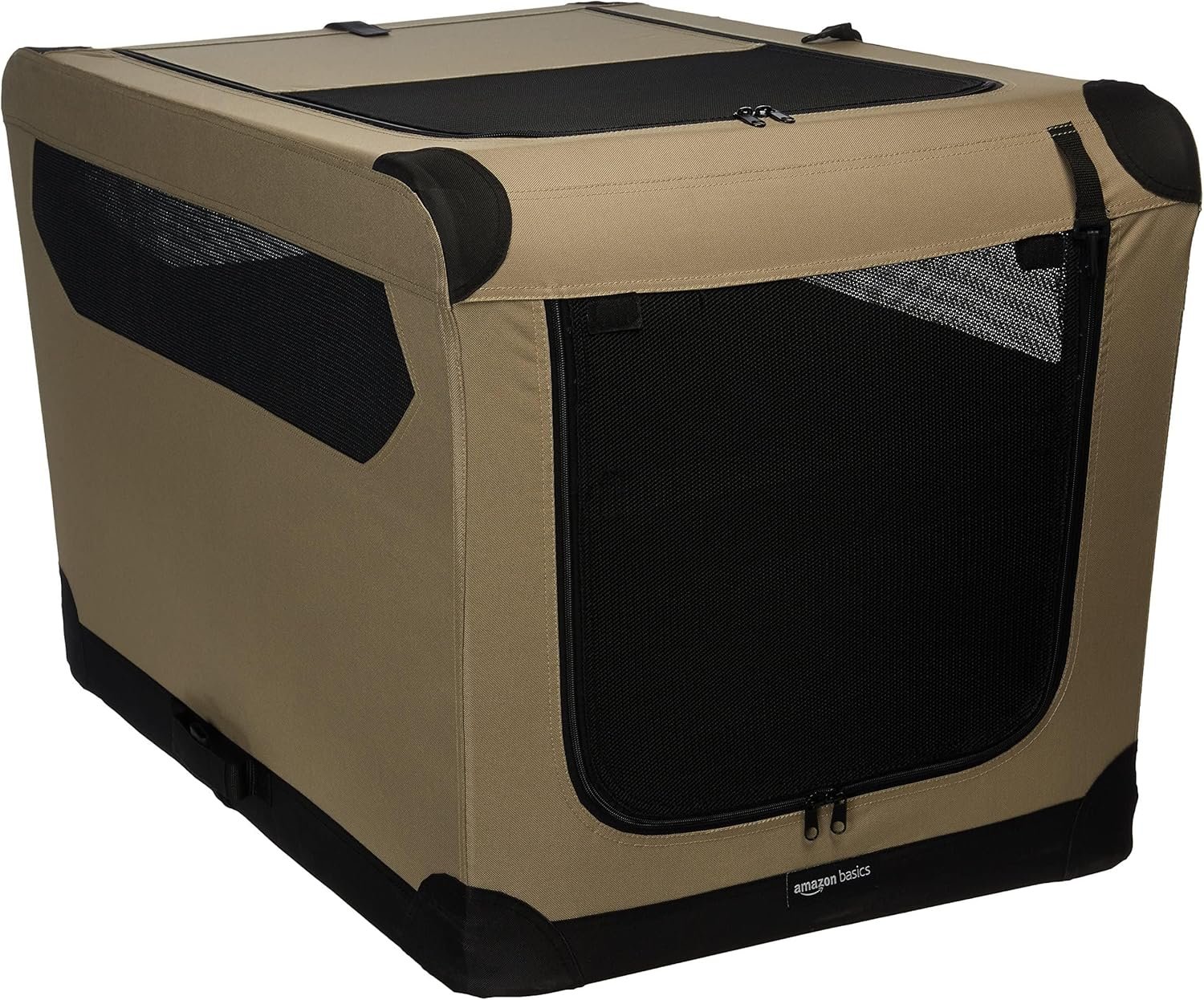Amazon Basics Portable Folding Soft Dog Crate for Cat, Dog, Rabbit, Double Door with Mesh Ventilation, Collapsible, Easy to Set Up, Large 36″ x 24″ x 24″, Tan