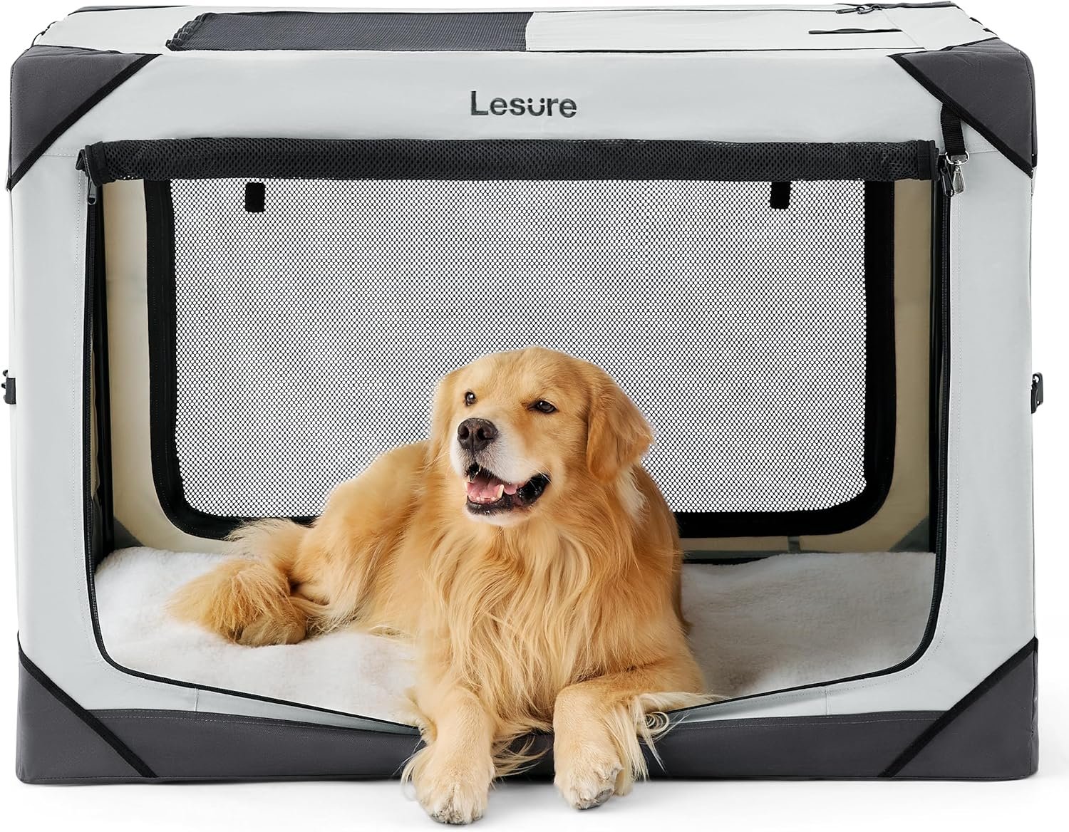 Lesure Collapsible Dog Crate – Portable Travel Kennel for Extra Large Dog, 4-Door Pet Crate with Mesh Windows, Indoor & Outdoor, Light Gray