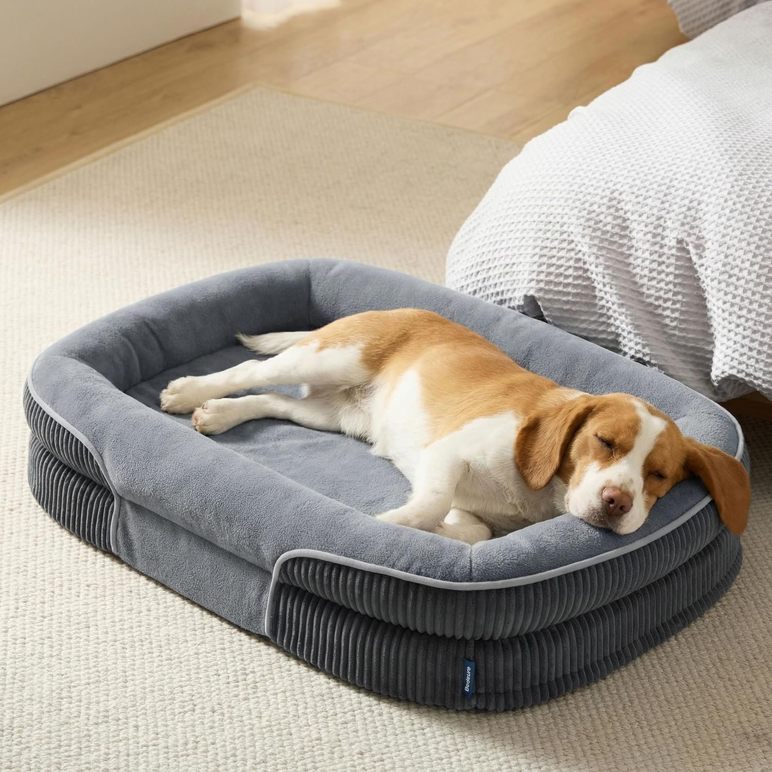 Bedsure Orthopedic Dog Beds Large Sized Dog – 360° Oval Bolster Large Dogs Bed for Senior Dogs with Waterproof Washable Cover, Big Comfort Pet Sofa Couch with Ultra-Soft Fleece, Grey, 35″
