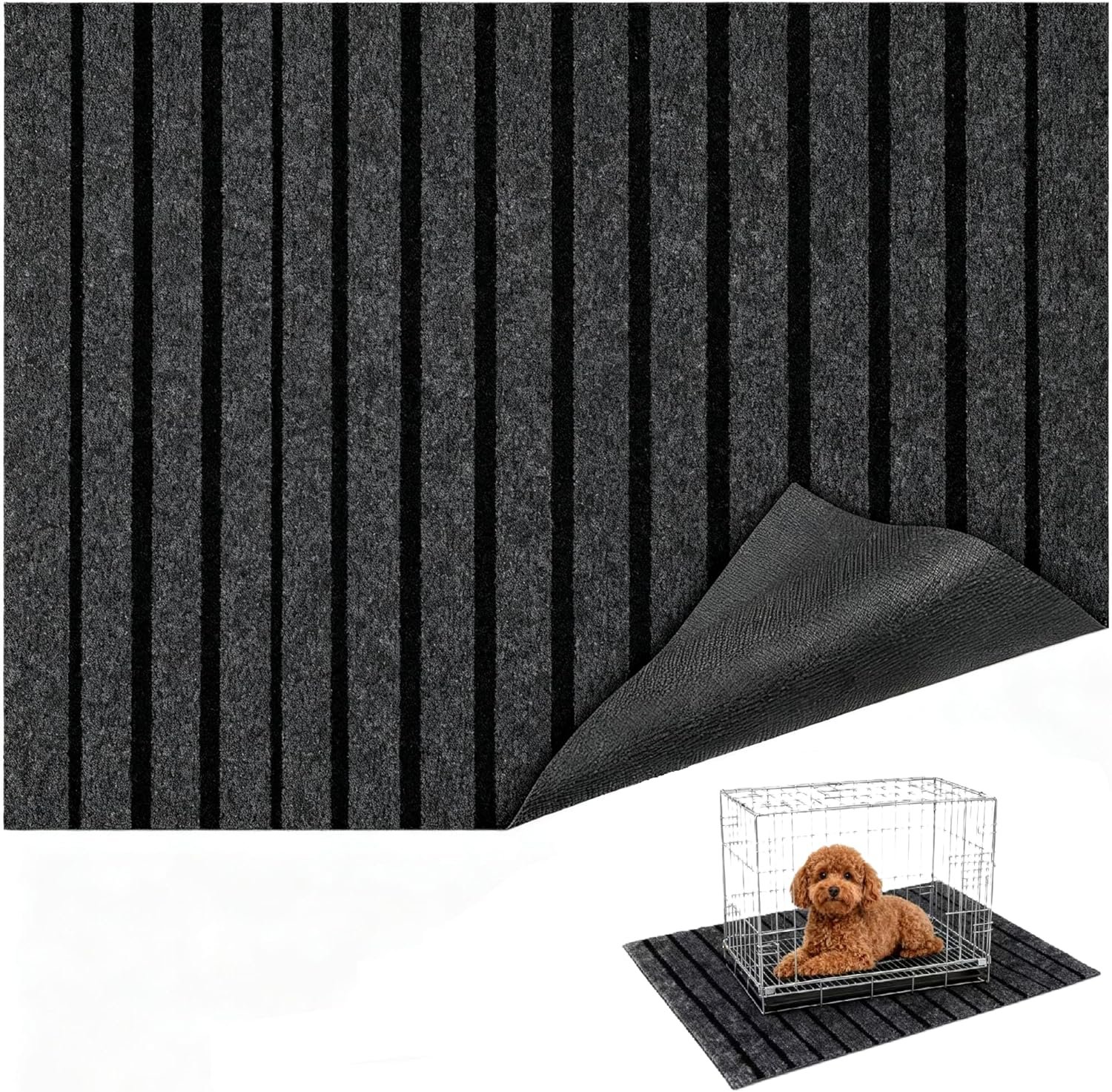 Dog Crate Mat 47″x32″ Extra Thick Waterproof Non-Slip Kennel Pad, Absorbent Striped Design for Under Crate, Reusable & Washable Dog Mat for Crate