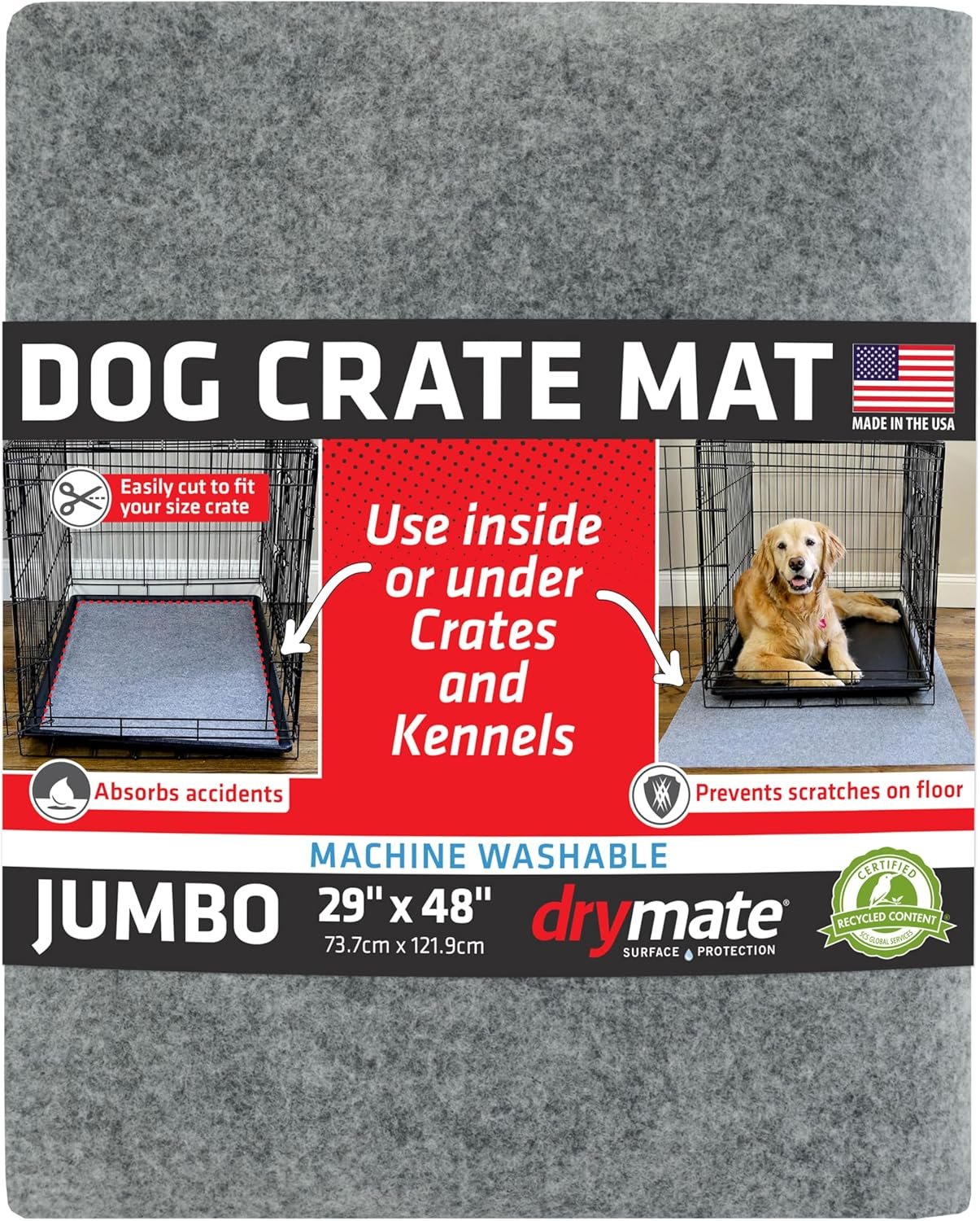 Drymate Dog Crate Mat Liner, Absorbs Urine, Waterproof, Non-Slip, Washable Puppy Pee Pad for Kennel Training – Use Under Pet Cage to Protect Floors, Thin Cut to Fit Design (USA Made) (LGrey)(29″x48″)