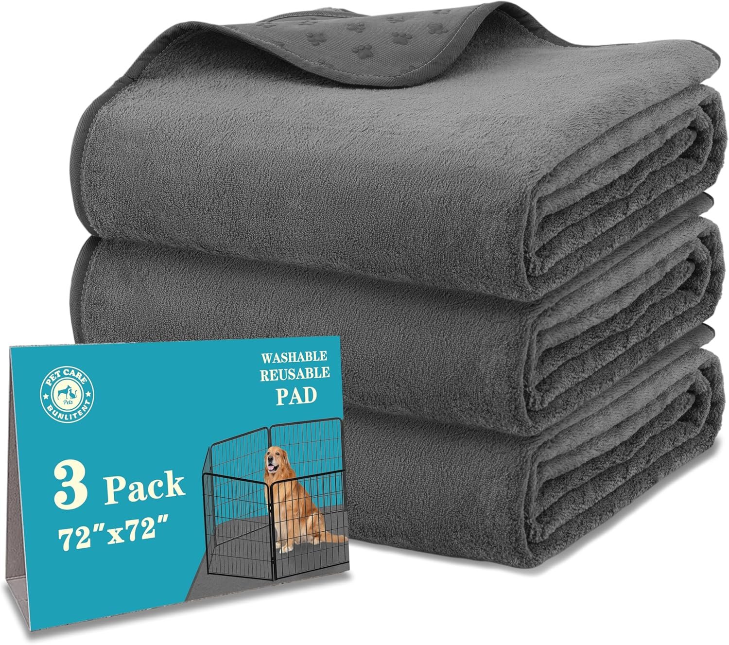 Bunlitent Washable Pee Pads for Dogs 72” x 72”, 3 Packs, Extra Large Non-Slip Waterproof Reusable Pee Pads for Puppy Senior Dog , Incontinence Whelping for Dog Playpen, Quick Dry, Grey