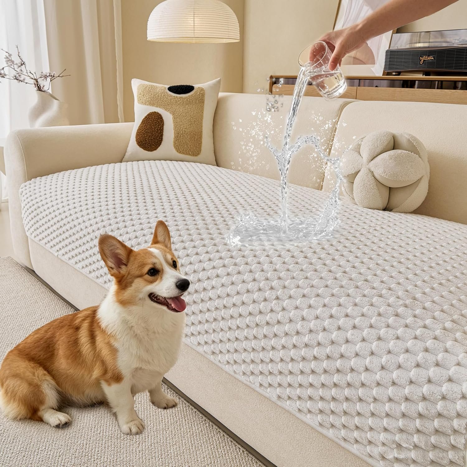 Waterproof Couch Covers for Dogs, Non Slip Sofa Covers Washable, Soft Plush Couch Protector for 3 Cushion, Furniture Slipcovers for Sectional, Pet Dog Bed Cover (Cream,35″x 71″)