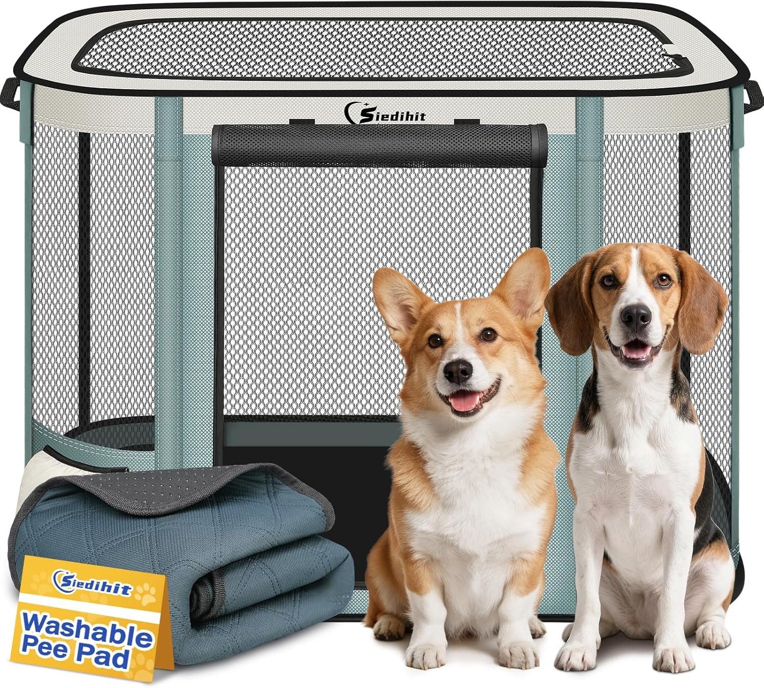 Siedihit Dog Cat Playpen Crate with Washable Pee Pad, Reinforced Durable Dog Cage, Portable Foldable Pet Kennel with Breathable Visibility (Grey with Pad, Large)