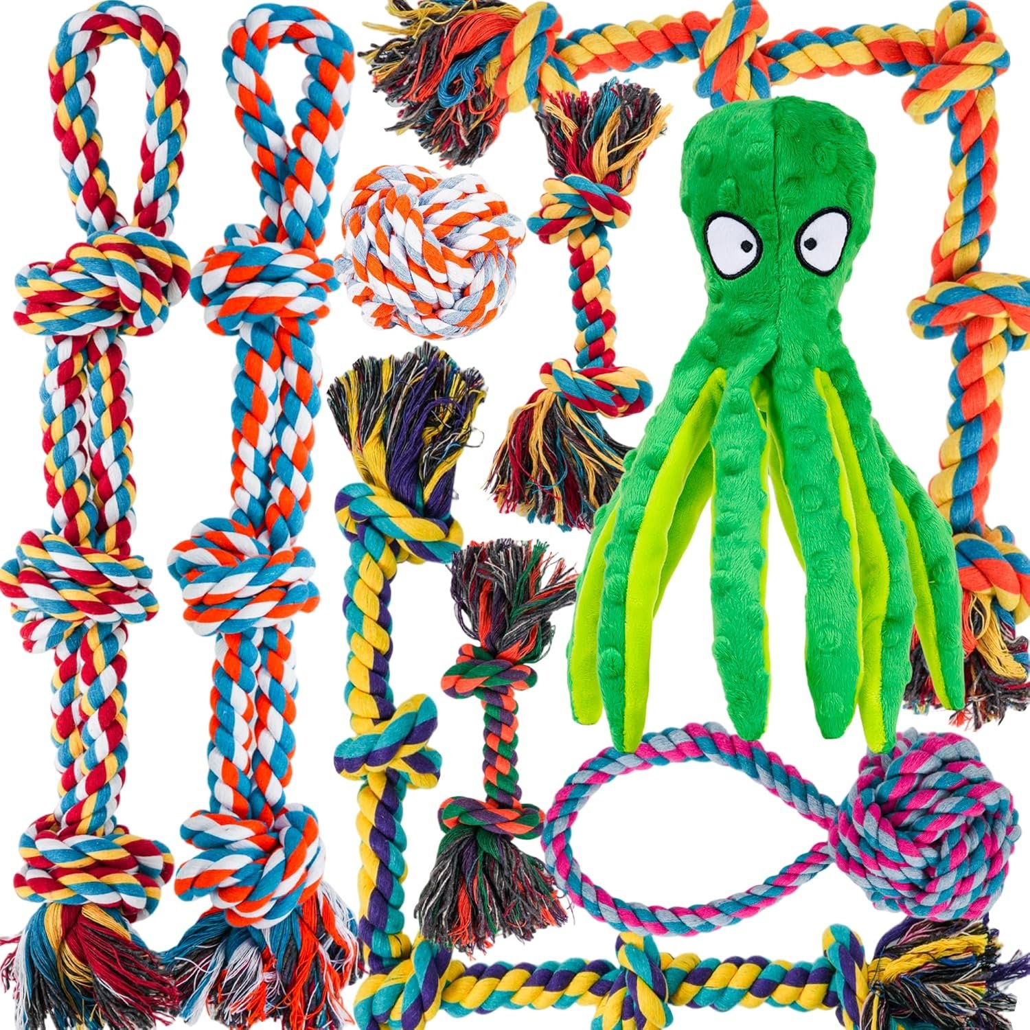 Dog Rope Toys for for Aggressive Chewers, Nearly Indestructible Dog Toys Set With Squeak Octopus for Large/Medium Dogs, Full of Attractiveness, Heavy Duty Natural Cotton Rope Chew Toy,Tug Toy 9 Pack