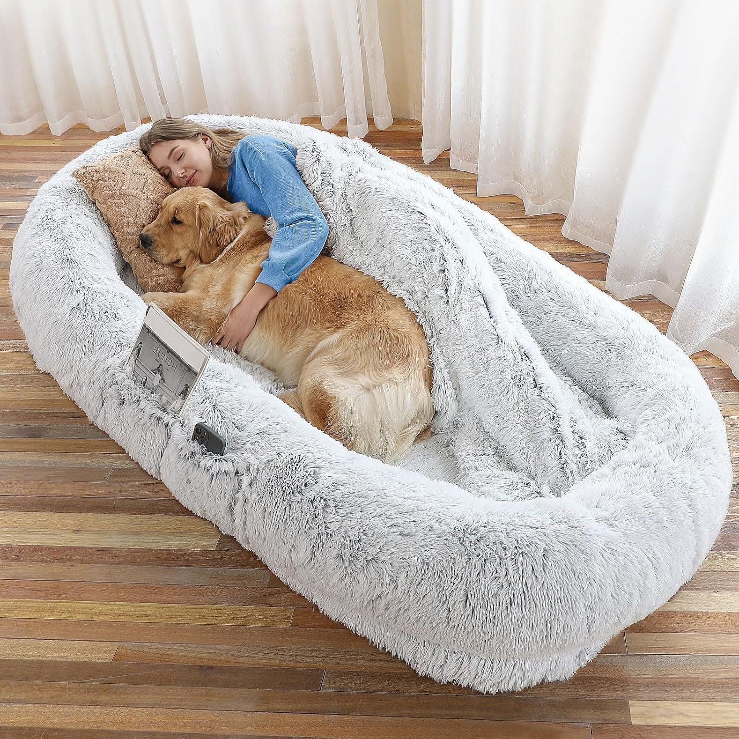 WROS Human Dog Bed – 71″x45″x12″ Fits You & Pets, Washable Faux Fur, Orthopedic, Plump Pillow, Blanket, Strap – Grey