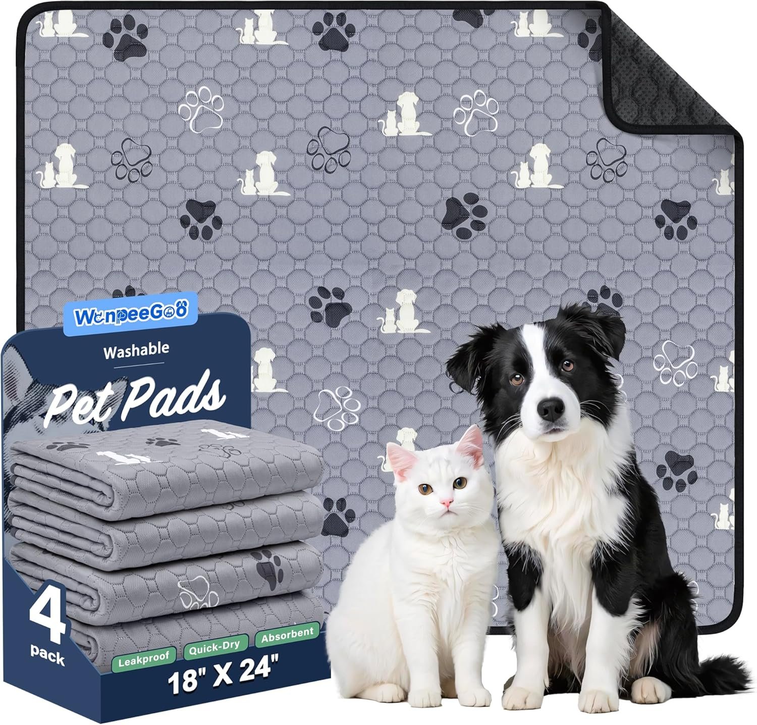 WanpeeGoo Washable Pee Pads for Dogs, 4 Pack Absorbent Reusable Training Dog Pads Pet Puppy Pads, Non-Slip Potty Pads for Whelping, Playpen, Crate, Bed, Grey 18″x24″
