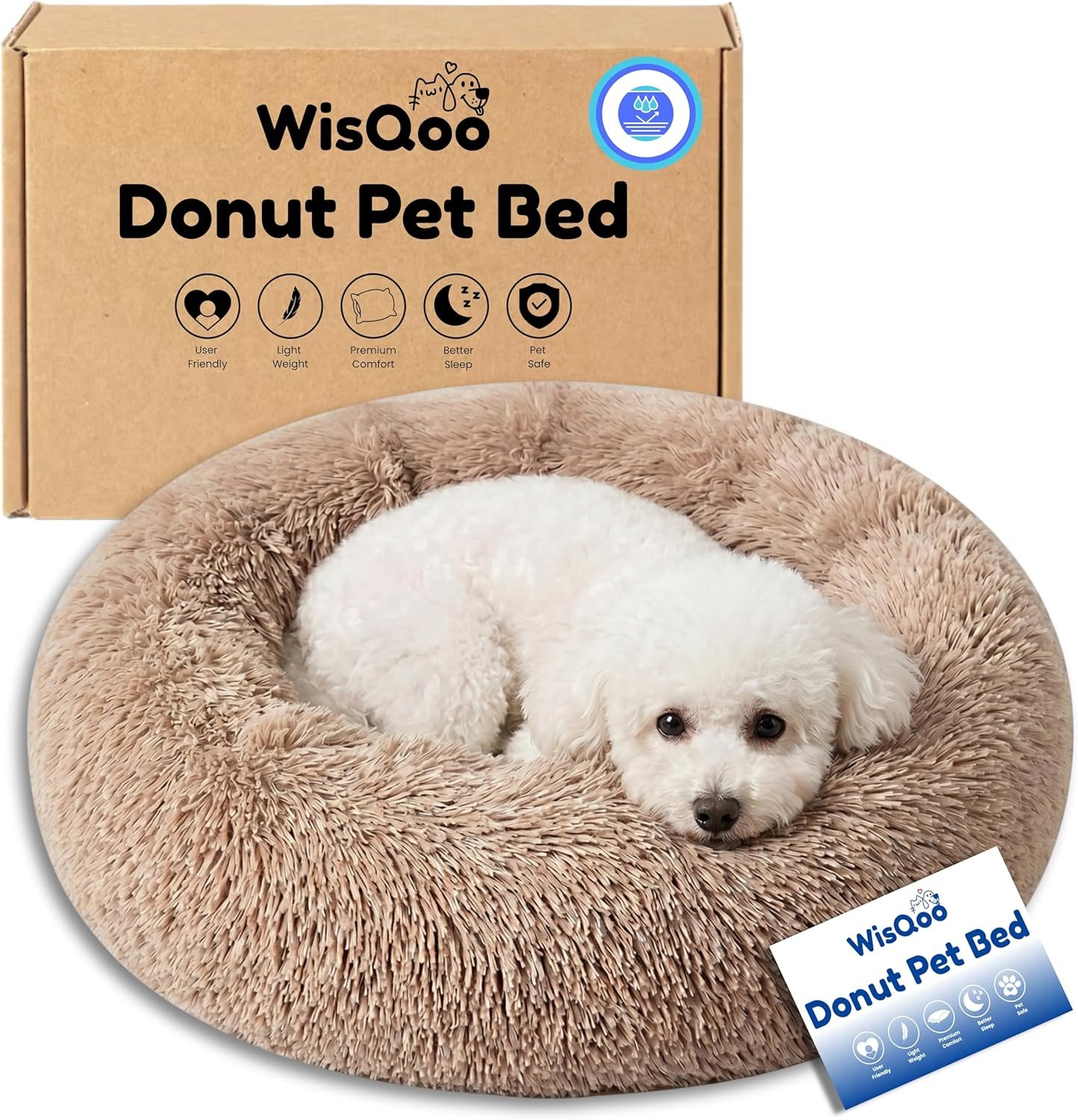 Calming Donut Dog Bed – Faux Fur Anti-Anxiety Pet Bed with Removable Washable Cover & Water-Resistant Liner – Plush Fluffy Round Nest, Non-Slip Bottom for Dogs & Cats – Camel, Small