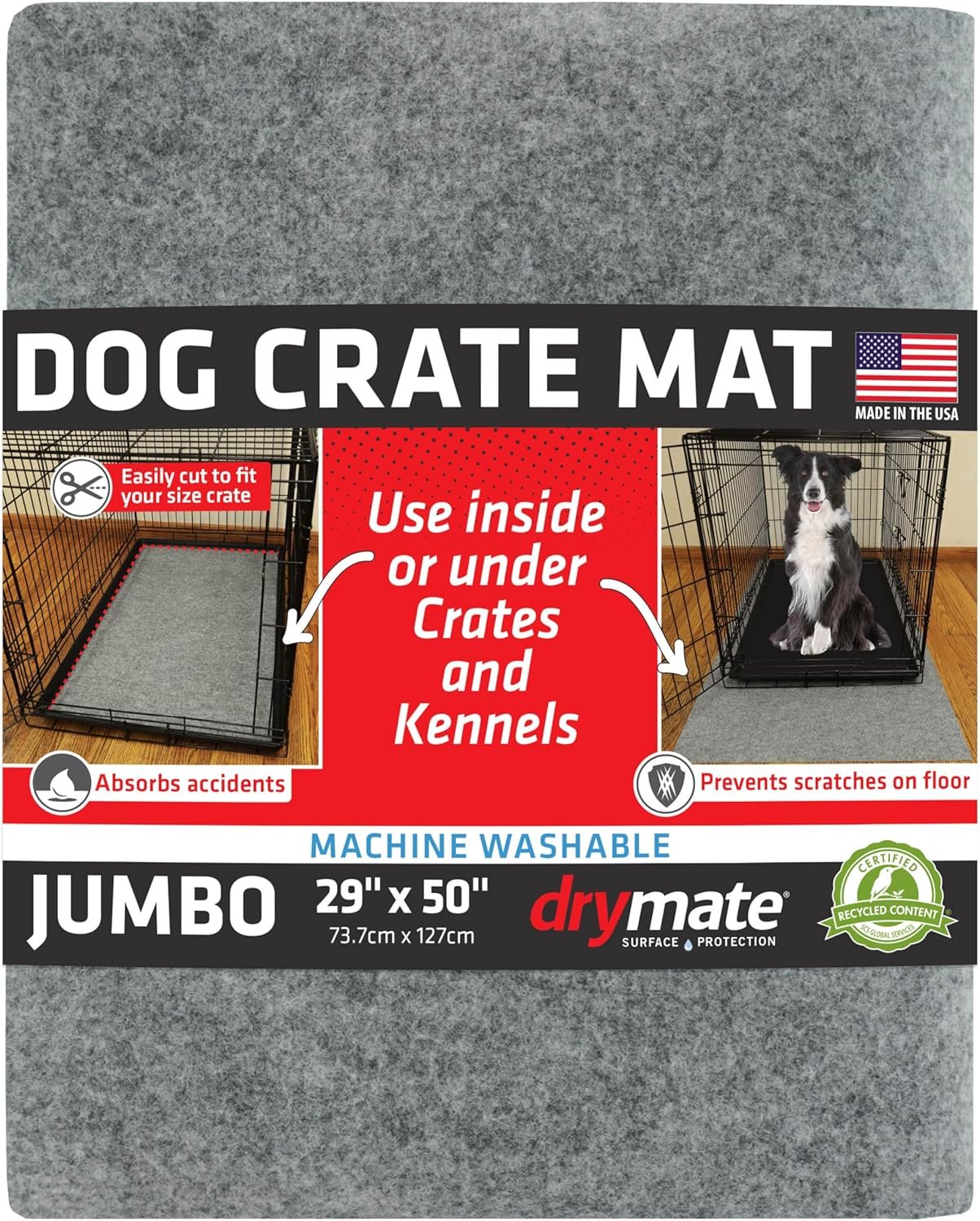 Drymate Dog Crate Mat Liner, Absorbs Urine, Waterproof, Non-Slip, Washable Puppy Pee Pad for Kennel Training – Use Under Pet Cage to Protect Floors, Thin Cut to Fit Design (USA Made) (LGrey)(29″x50″)