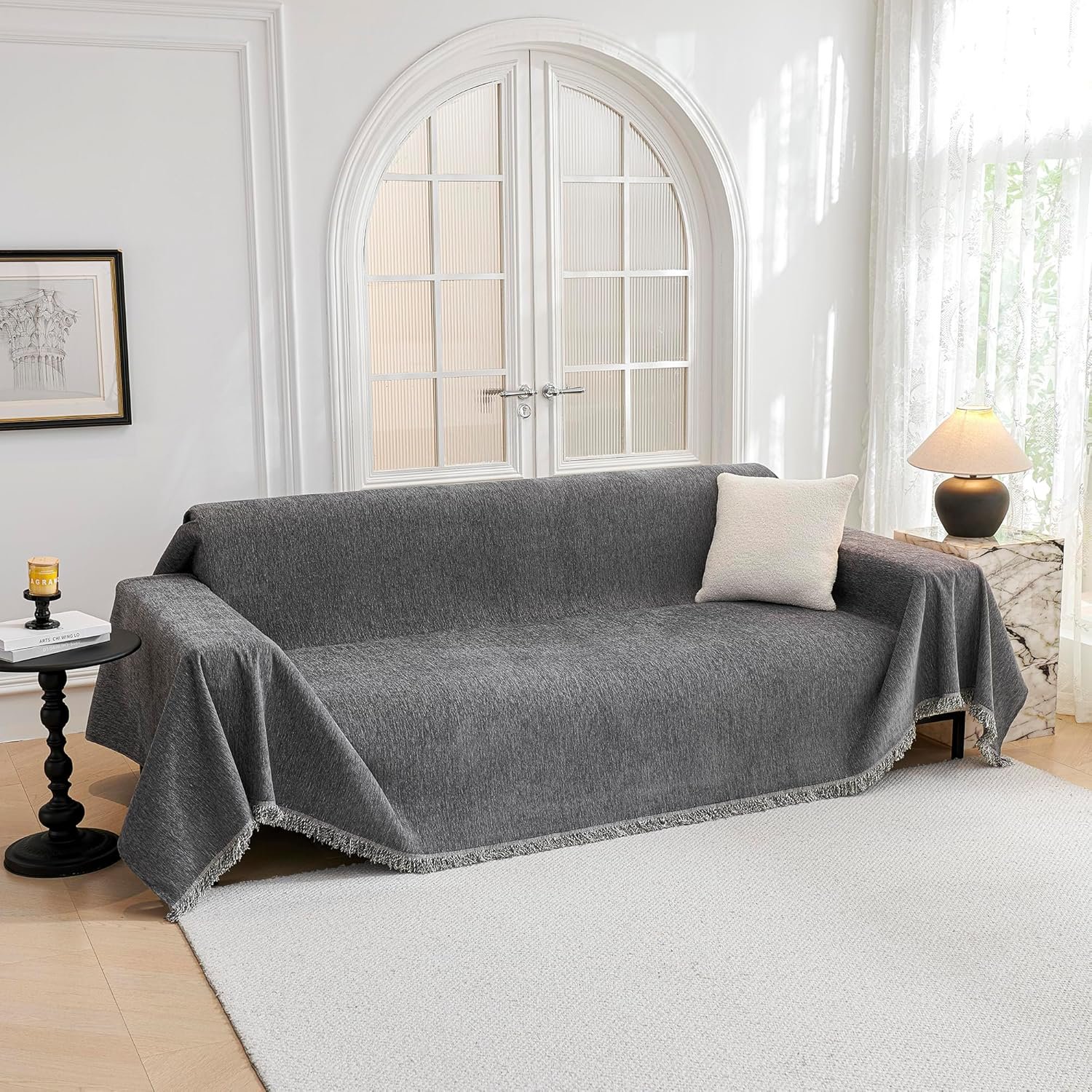 MYSKY HOME Couch Cover for Dogs, Washable Couch Covers, Non Slip Sofa Cover, Couch Cover 2 Cushion Sofa Dogs Furniture Protector with Tassels, Chenille Sofa Slipcover for Pets, 71″x118″, Dark Grey