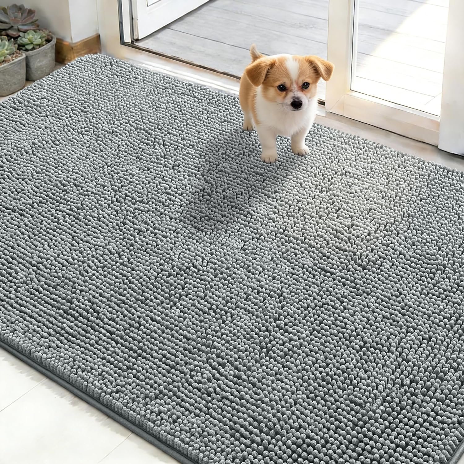 OLANLY Dog Door Mat for Muddy Paws 48×30, Absorbs Moisture and Dirt, Absorbent Non-Slip Washable Doormat, Quick Dry Chenille Mud Mat for Dogs, Entry Indoor Entryway Carpet for Inside Floor, Grey