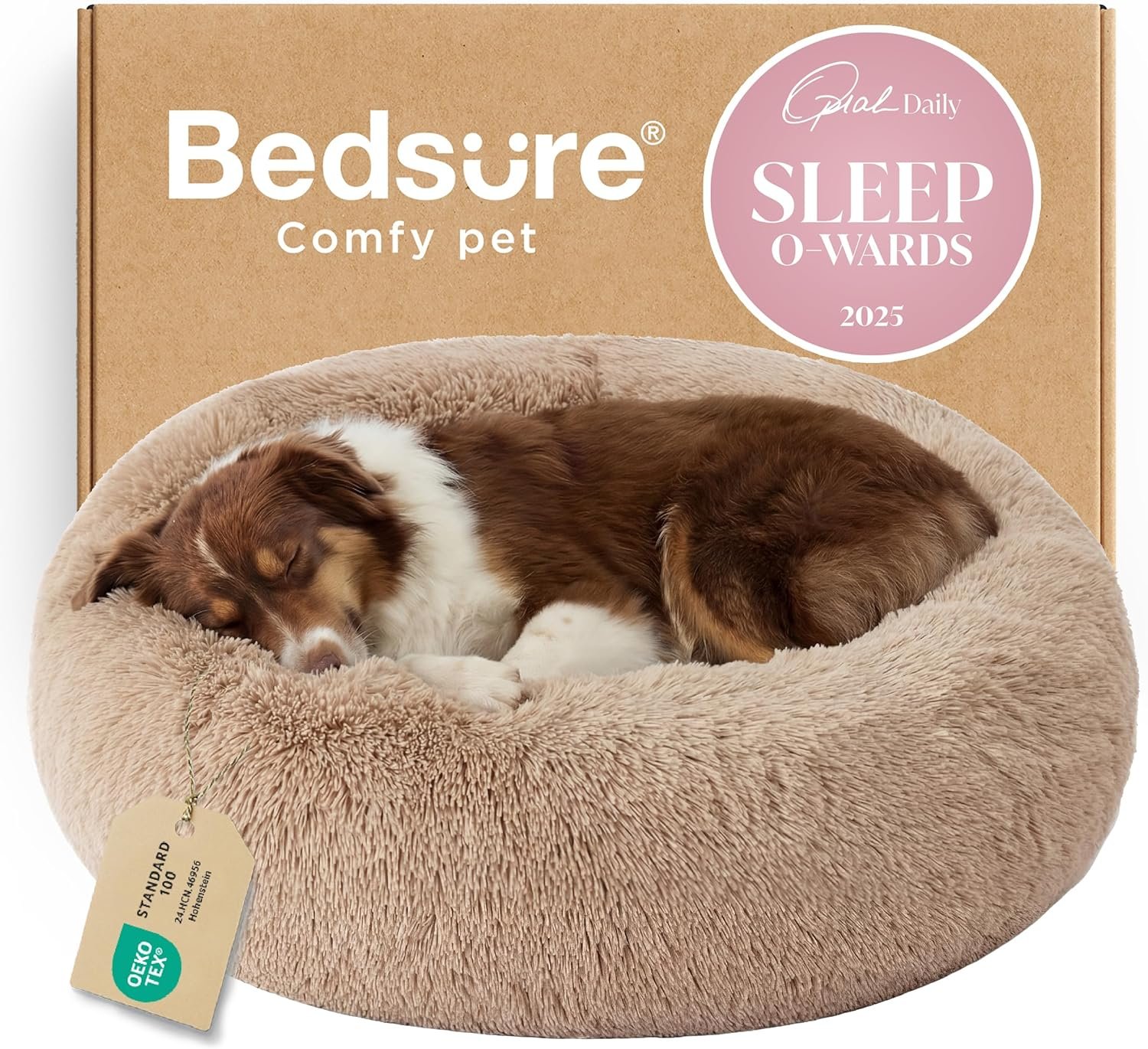 Bedsure Calming Dog Beds Large Sized Dog – Donut Washable Large Pet Bed, 36 inches Anti-Slip Round Fluffy Plush Faux Fur Dogs Bed, Fits up to 80 lbs Pets, Camel