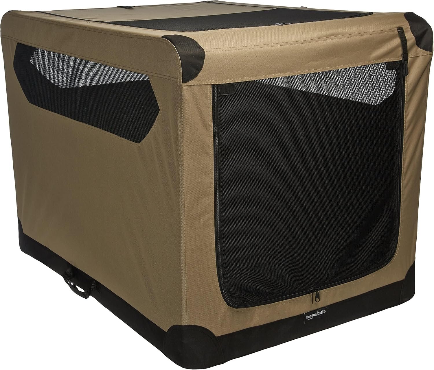 Amazon Basics Portable Folding Soft Dog Crate, Double Door, Collapsible Travel Kennel, Easy to Set Up, Sturdy, Secure, XL 42″ x 31″ x 31″, Tan