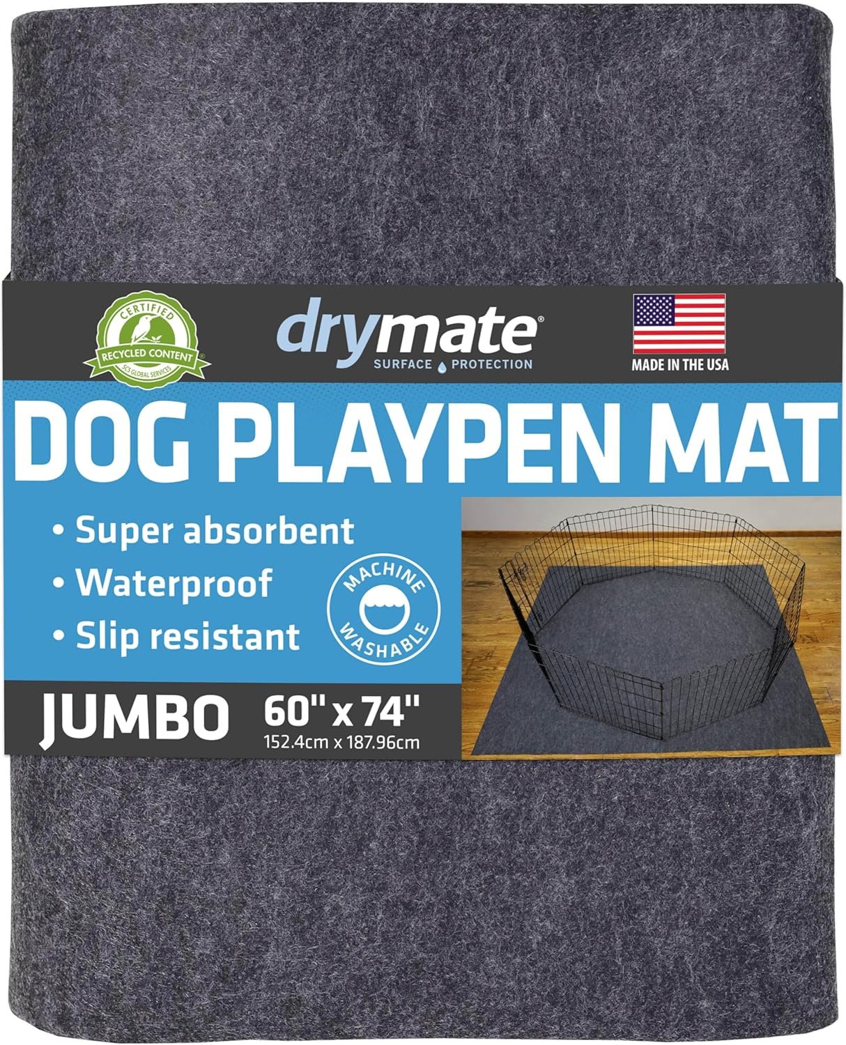 Drymate Jumbo Dog Playpen Mat (60×74), Super Absorbent, Waterproof, Slip-Resistant, Machine Washable, Reusable Puppy Pad for Training, Whelping, Housebreaking, Incontinence, Crate, Kennel (USA Made)