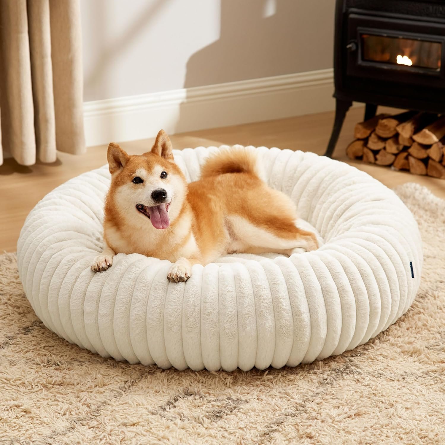 Bedsure ComfyFleece™ Donut Large Dog Bed – Washable Faux Fur with Corduroy Fleece & Anti Slip Bottom, Round Pet Bed with Removable Cover, Cream, 36x36x8 inches