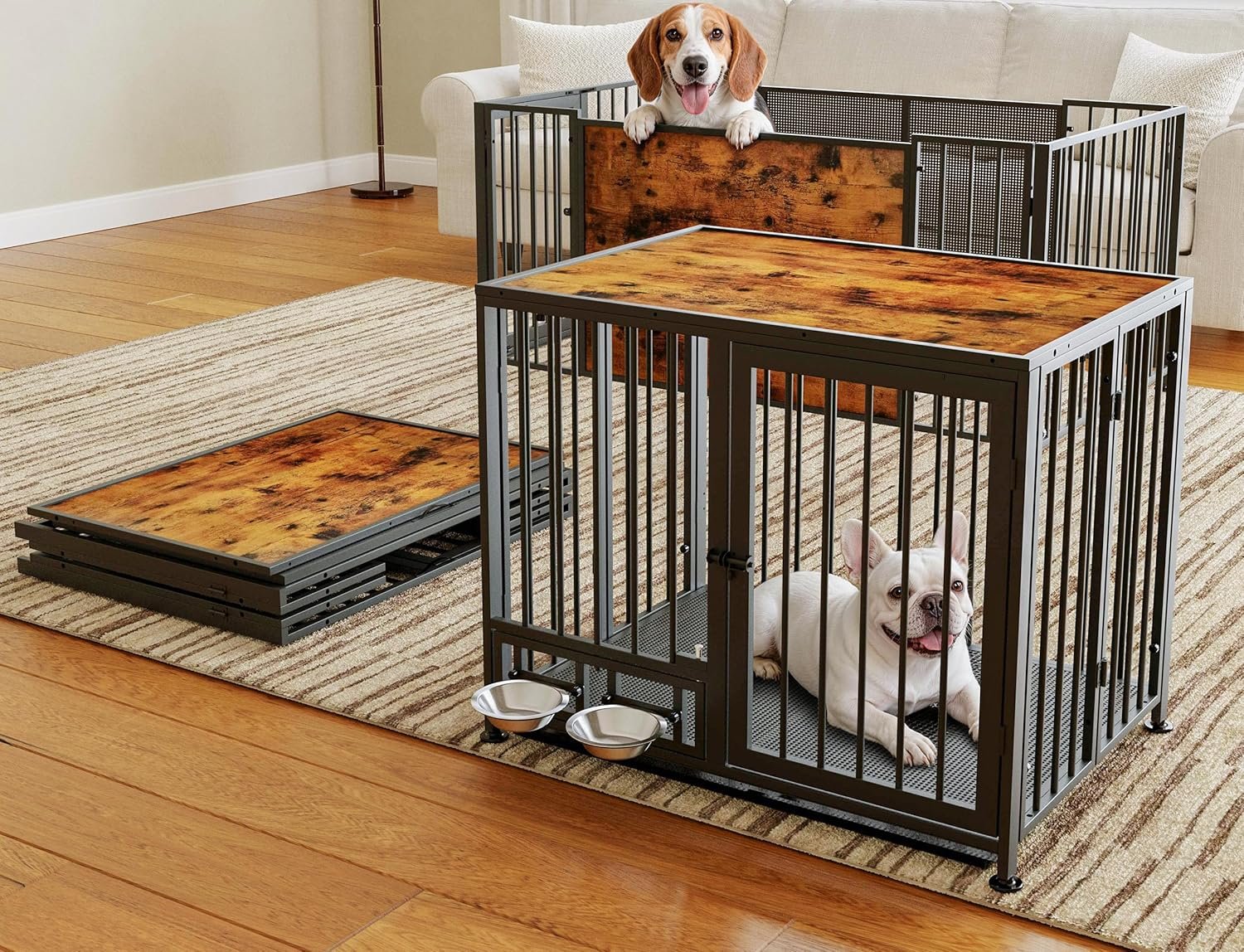 Heavy Duty Dog Crate for Medium Dogs, 3 in 1 37.8″ Foldable Collapsible Dog Kennel & Playpen with Wheels & Feeding Bowls, Escape-Proof Metal Dog Cage for Indoor Outdoor Use, Rustic Brown