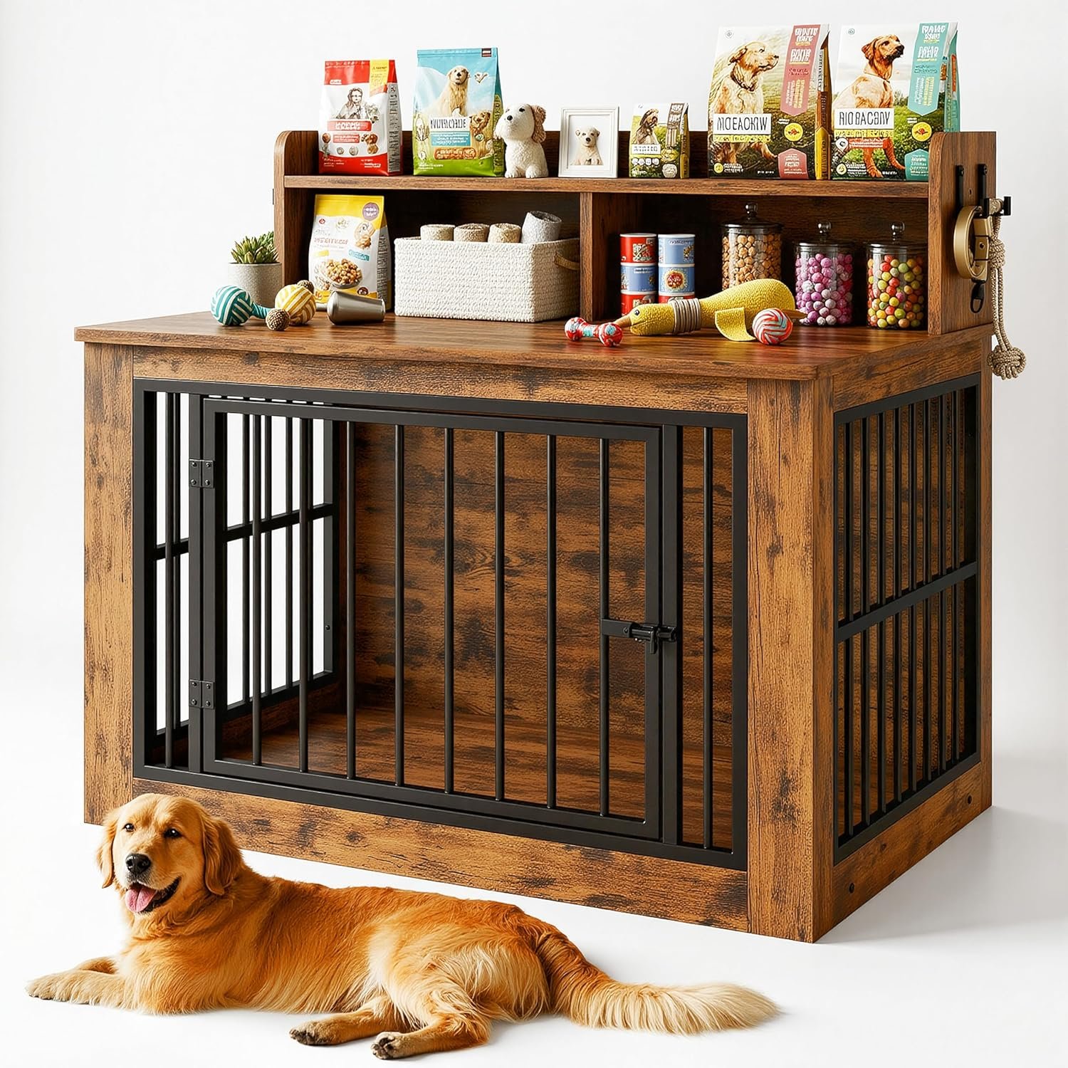 IRONCK Extra Large Dog Crate Furniture, 43.3 inches Wooden Dog Crate with Storage and 4 Hooks, Heavy Duty Pet Crate for Large Dog, Decorative Pet Cage for Indoor (30″ L x 43.3″ W x 41.1″ H)
