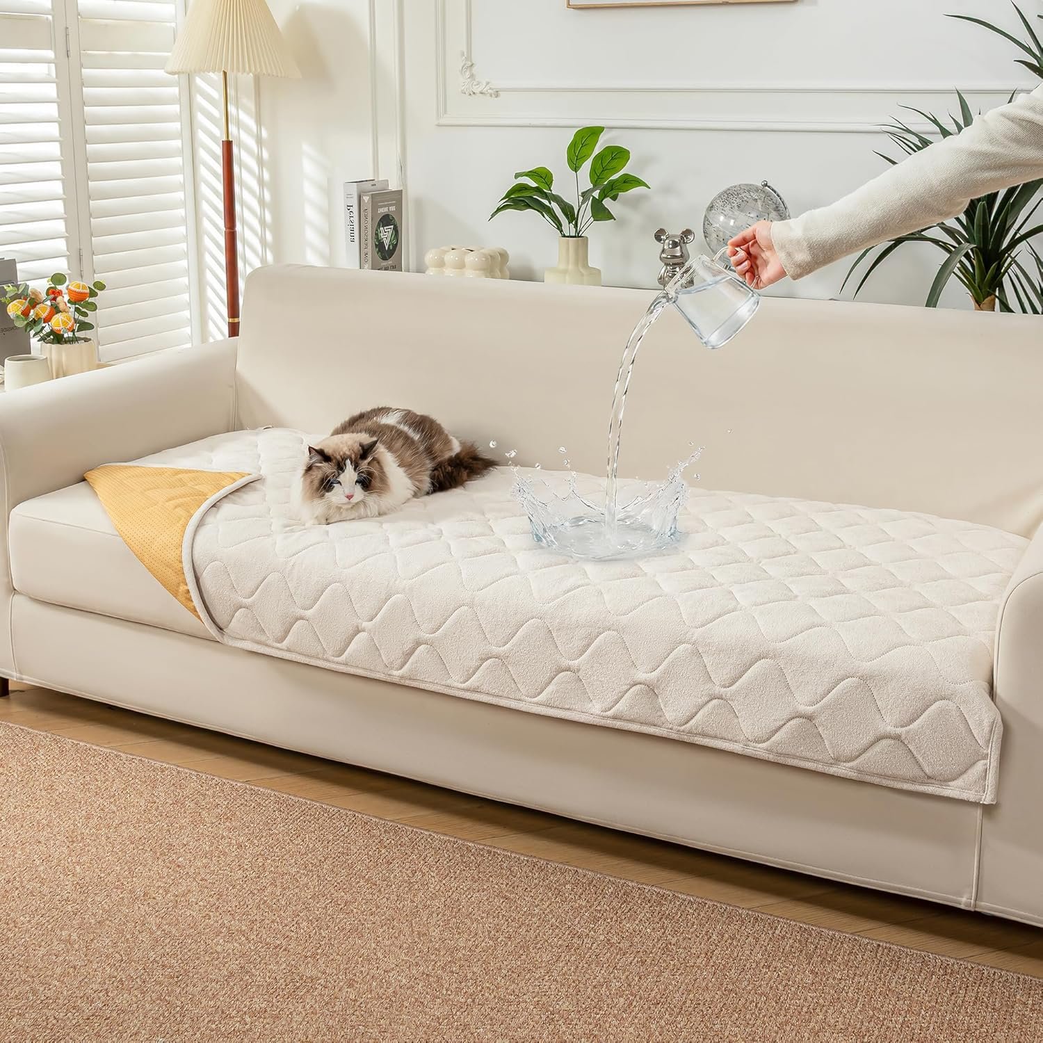 PuTian Waterproof Couch Cover for Dogs – Washable Sectional Sofa Cover with Non-Slip Straps, Pet Friendly Couch Protector & Dog Mat – 36”X63” 90cmX160cm Off White