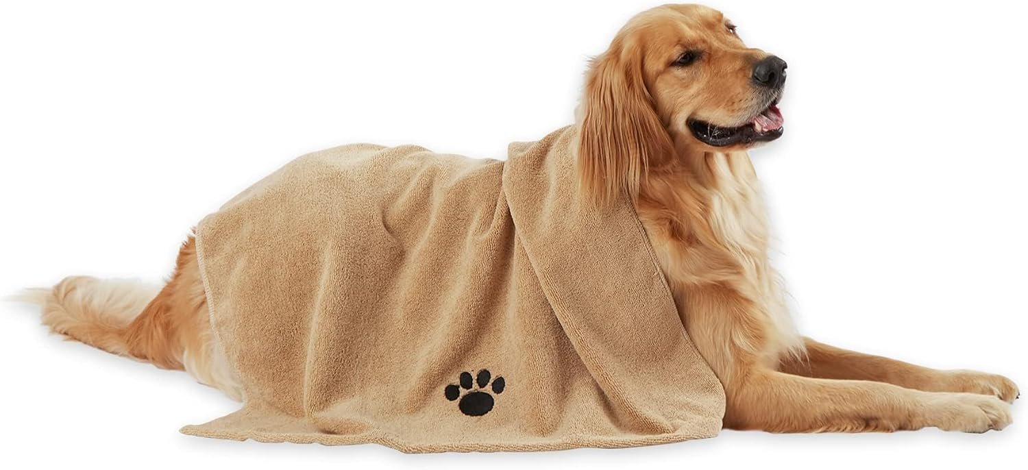 Bone Dry Pet Grooming Towel Collection Absorbent Microfiber X-Large, 41×23.5″, Embroidered Taupe