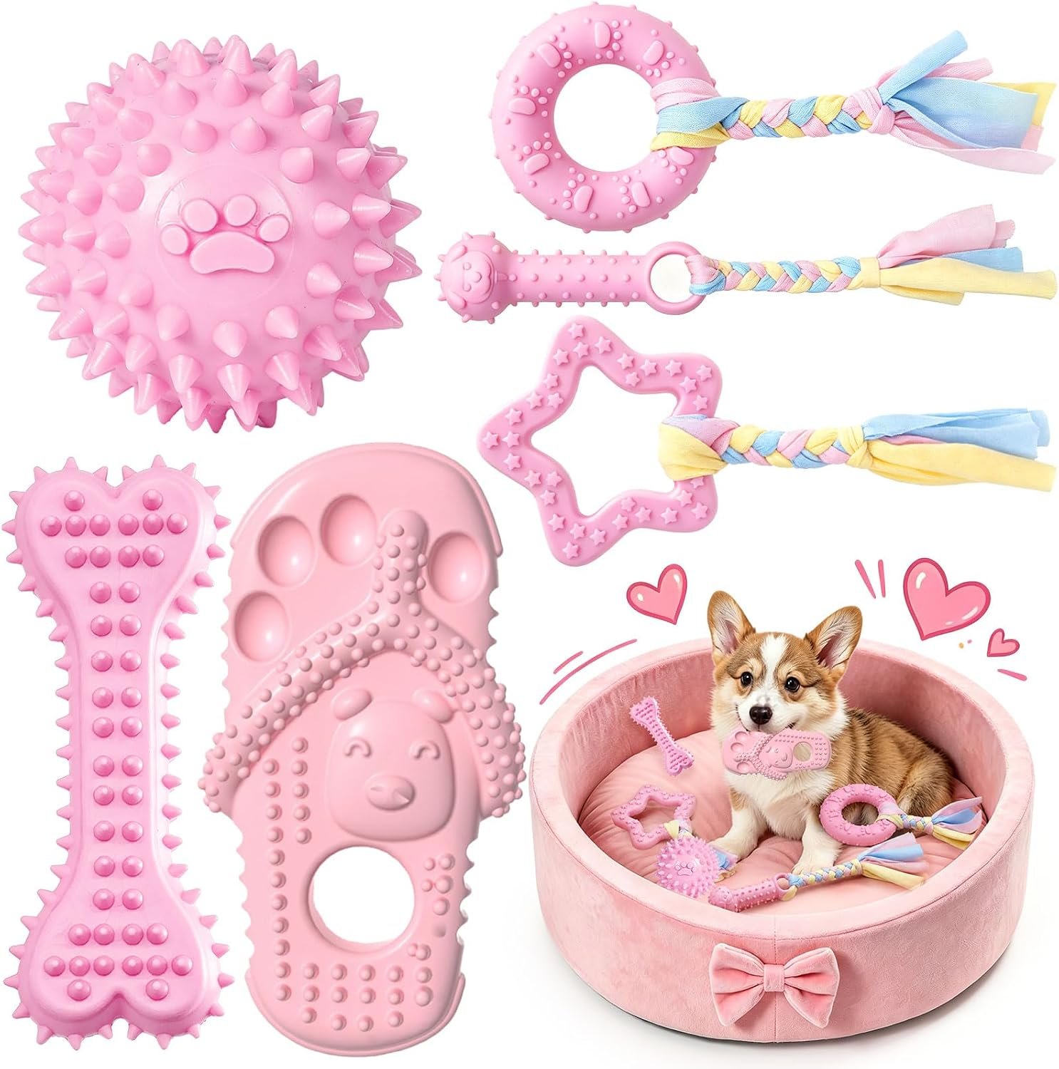 Puppy Chew Toys 6 Pack for Small Dogs, Teething Toys for Puppy Easy Clean Rubber Bone Star Stick Donut Slipper Spiky Ball Set for Small Breed Teething Relief (Dogbed not Included)
