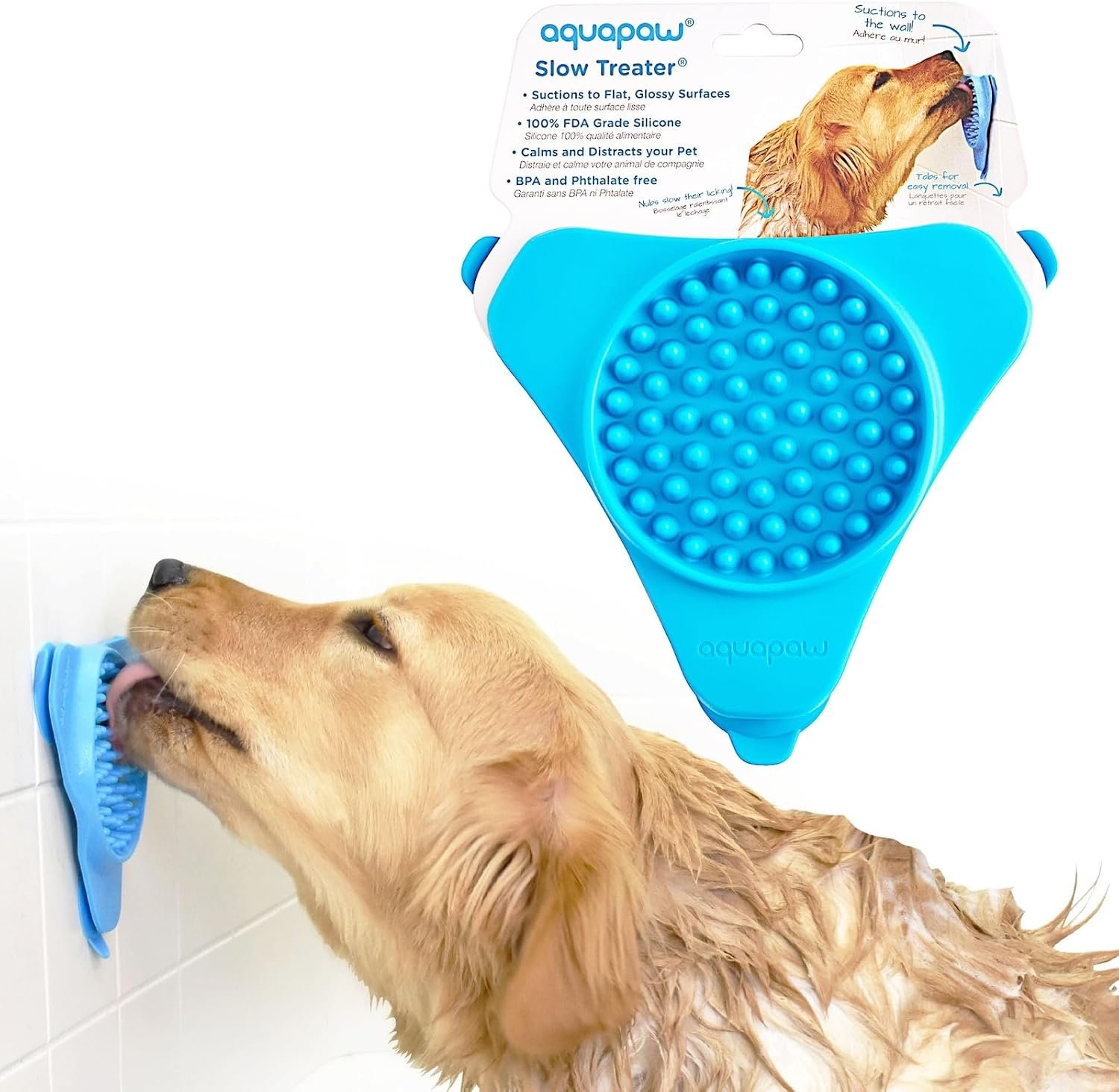 Aquapaw Dog Licking Mat – Suction Slow Feeder & Feeding Mat – Bath Toy Dispenser for Dog Bath Toys & Grooming Treats – Grooming Lick Pad for Peanut Butter Treat & Shower Snack Holder – Blue