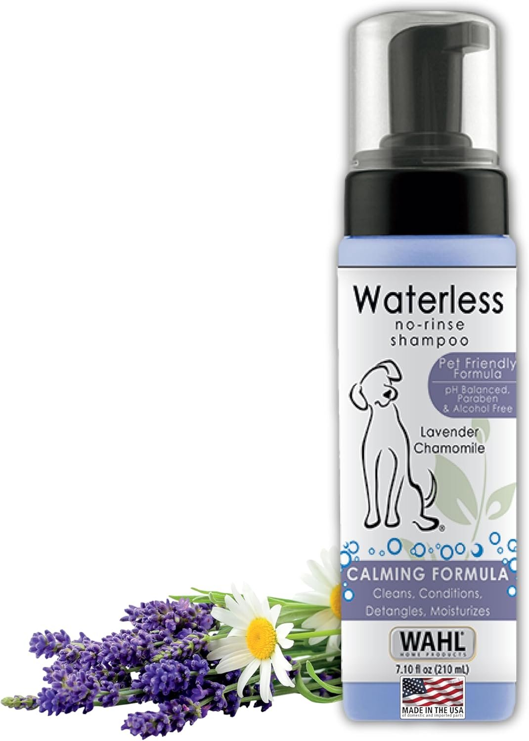 Wahl USA Pet Friendly Waterless No Rinse Shampoo for Animals – Lavender & Chamomile Scented – Cleaning, Conditioning, Detangling, & Moisturizing Shampoo for Dogs – 7.1 Oz – Model 820014A