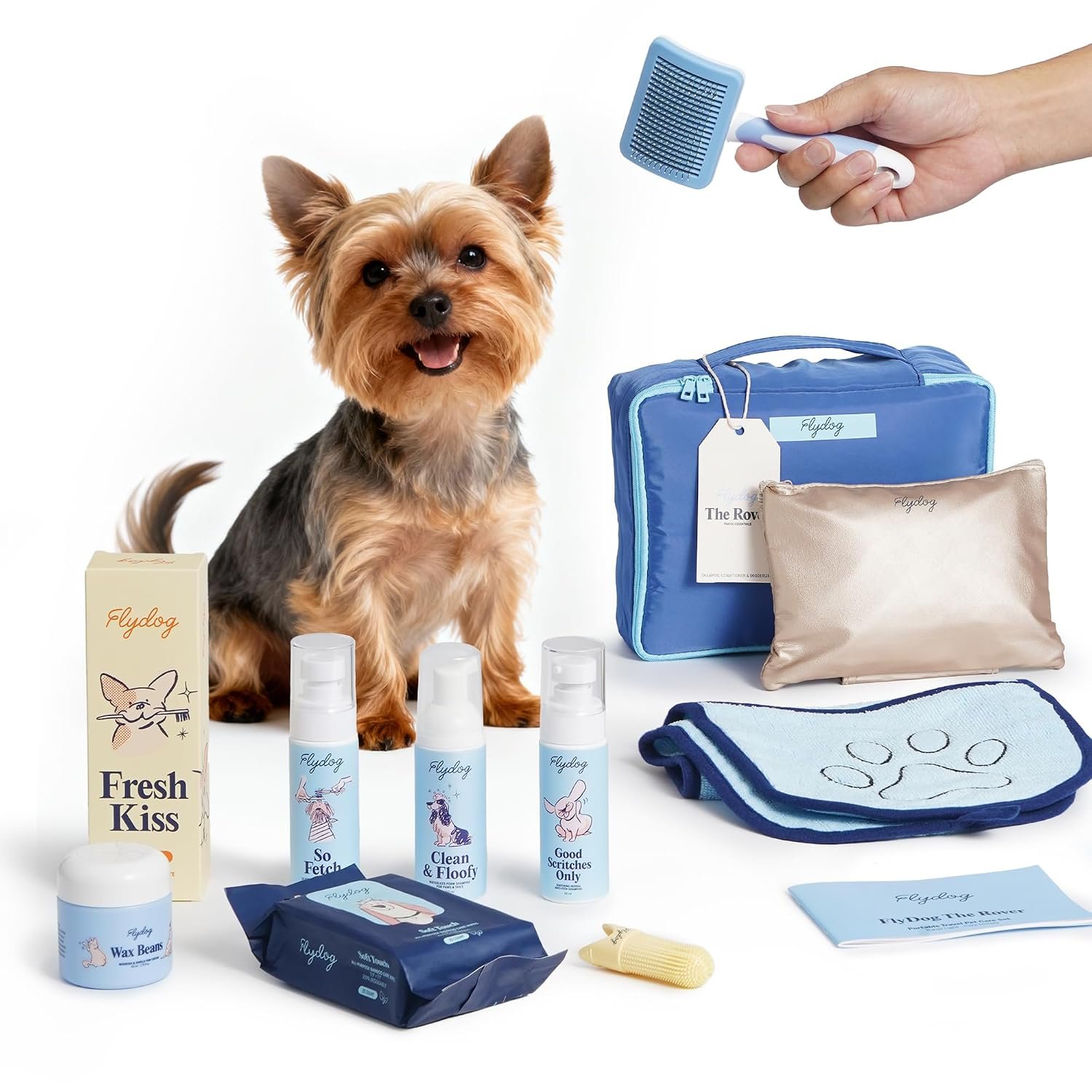 FlyDog The Rover Pet Travel Bag – 11 Piece Dog Grooming Kit with Shampoo, Conditioner, Paw Cream, Toothpaste & Toothbrush, and More, Dog Camping Essentials for Hiking and Outdoor Adventures