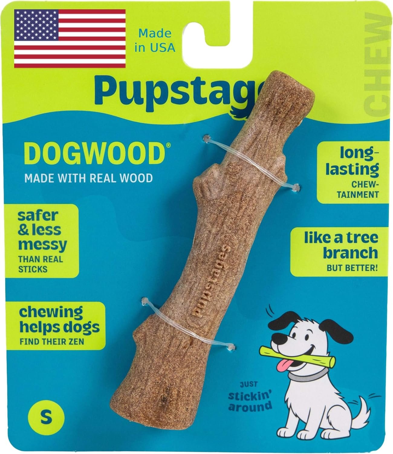 Pupstages Dogwood Dog Chew Toy, Made in the USA – Real-Wood Blend, Natural Flavor & Texture, Moderate Chewers, Small, 5.4″