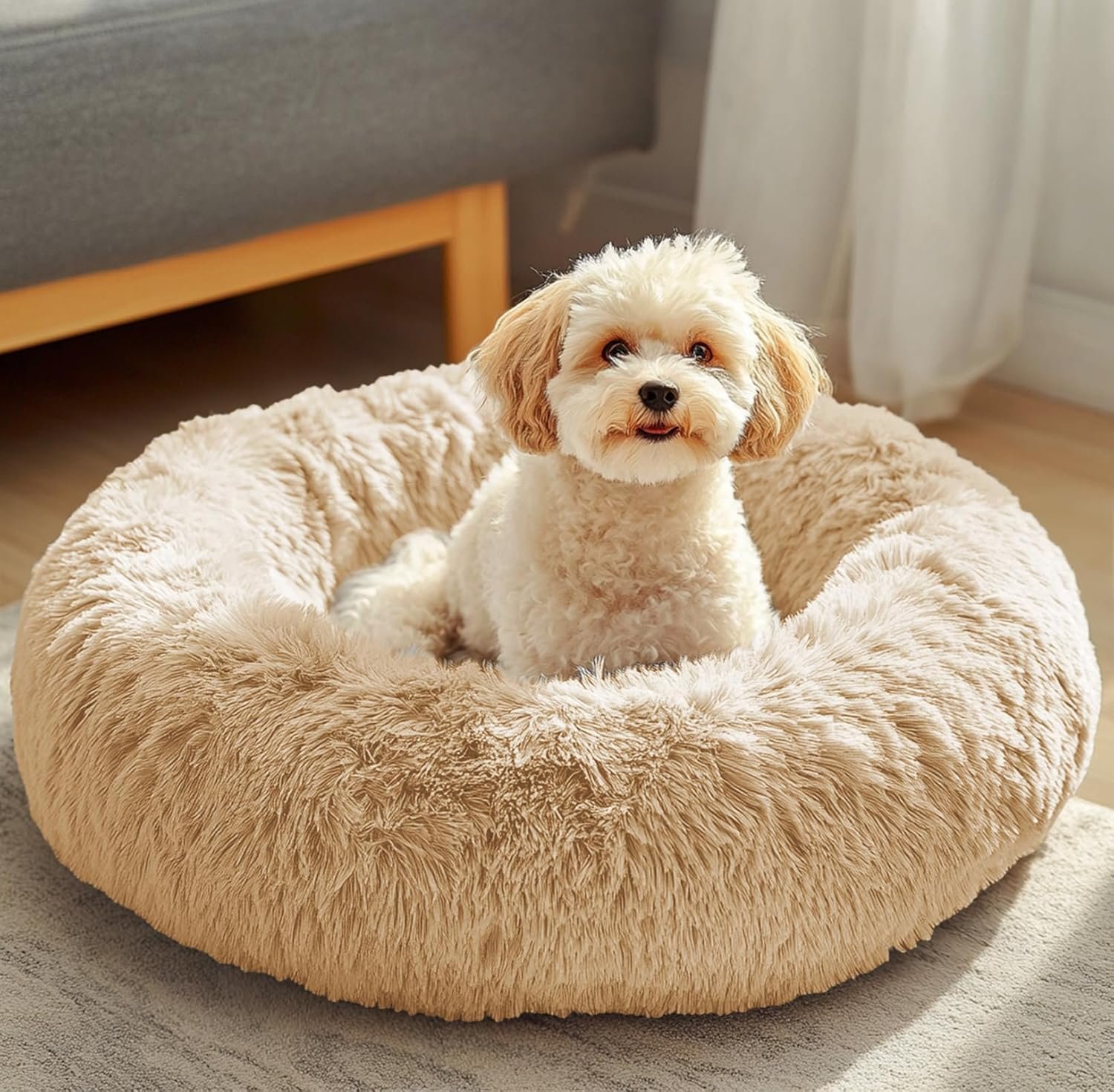 JOLLYVOGUE Dog & Cat Bed, Calming Anti-Anxiety Pet Bed for Small Dogs, Fluffy Donut Cushion for Small and Medium Pets (20″)
