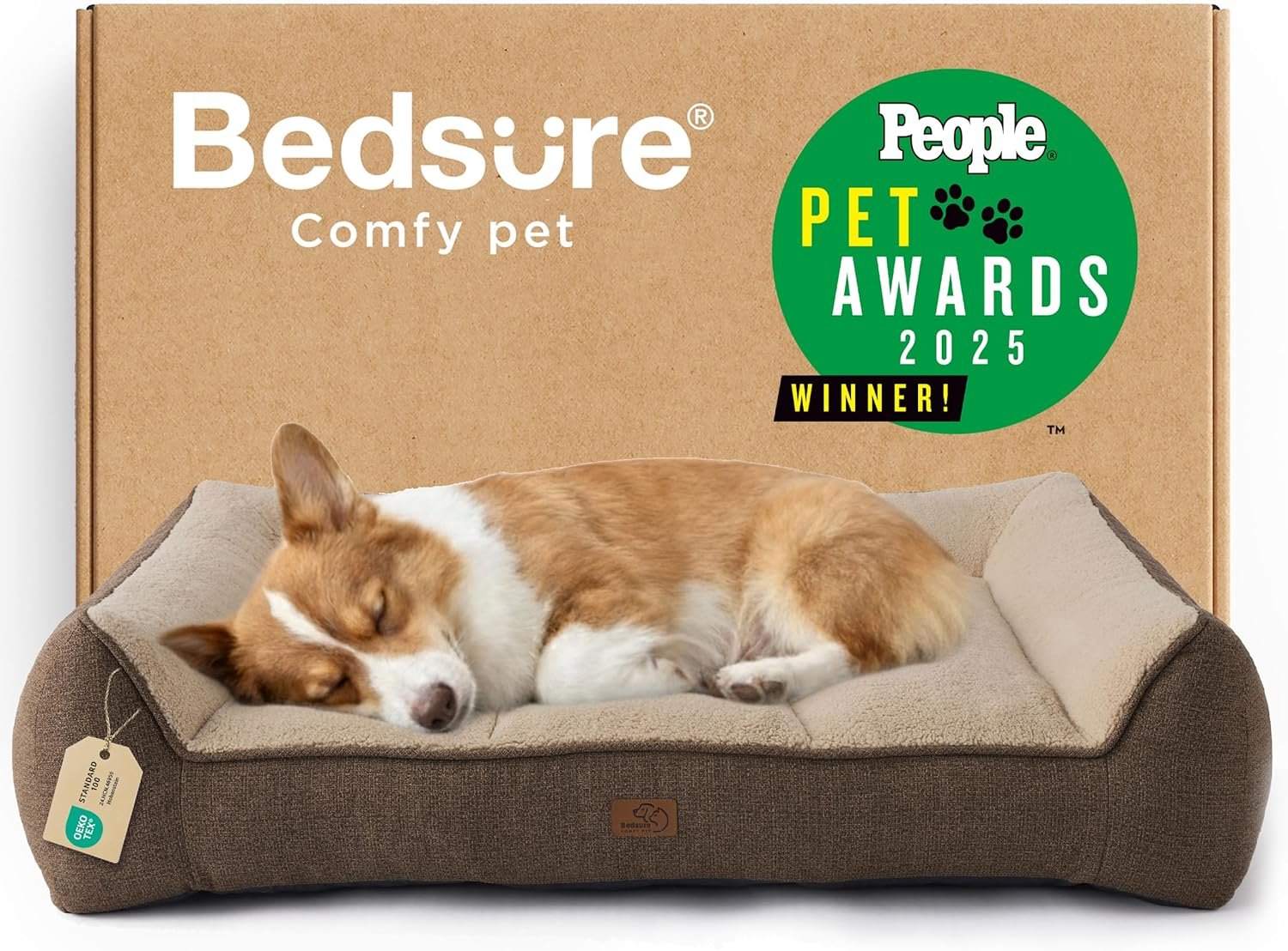 Bedsure SupportMax™ Orthopedic Dog Bed Medium Size Dog – Extra Thick Supportive Medium Dogs Beds with Waterproof Washable Cover, Comfort Pet Bed Sofa with Soft Sherpa and Nonskid Bottom, Brown, 35″